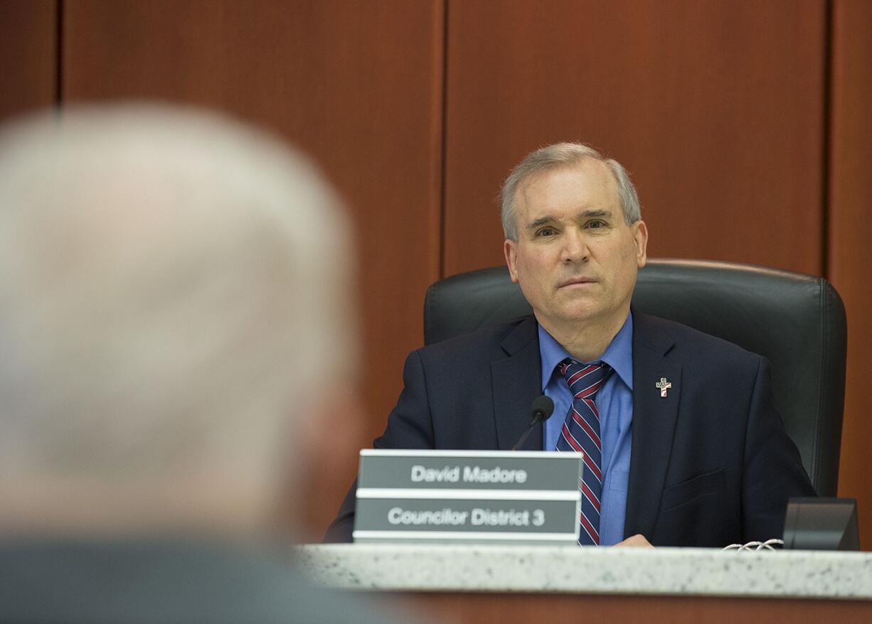 Clark County Councilor David Madore listens to testimony in late March at the Clark County Public Service Center. Madore has accused the prosecutor's office, along with Community Planning, of lying about the impact of the now-defunct Alternative 4, which Madore wrote at the urging of some rural property owners.