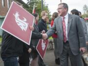 Incoming WSU President Kirk Schulz is welcomes by faculty and students as he visits WSU Vancouver Monday April 4, 2016. Shultz is touring a branch campuses around the state.