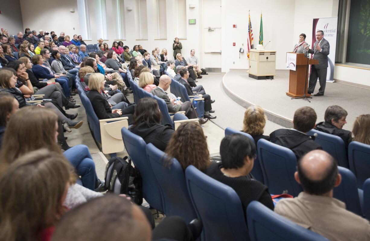 Incoming WSU President Kirk Schulz, accompanied by his wife Noel, speaks to faculty and students as he visits WSU Vancouver Monday April 4, 2016. Shultz is touring a branch campuses around the state.