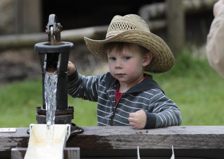 Desmond Dufour, 3, of Portland pumps water at the Pomeroy Farm Country Life Fair. The Yacolt farm has added a range of old-style activities to its annual sale of starts for herbs and other plants.