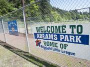 A sign welcomes visitors to Abrams Park baseball field in Ridgefield. The park is home to Ridgefield Little League and has featured a baseball field since at least the 1950s.