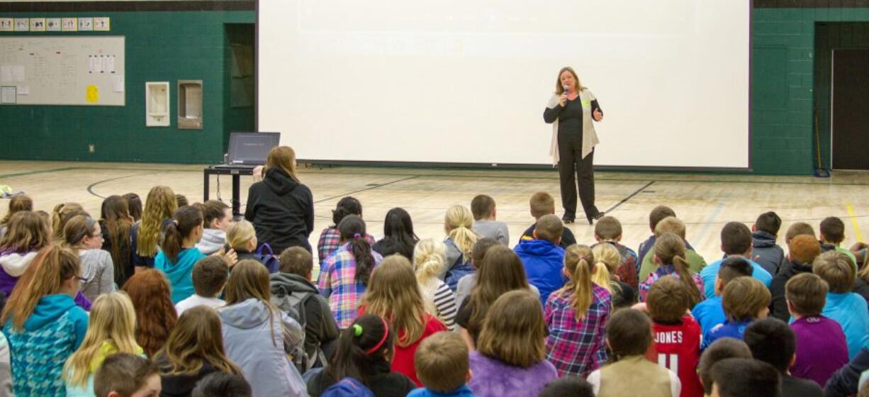 Woodland: Lisa Weber, the Lymphoma Society&#039;s student series campaign manager, spoke about the Pennies for Patients fundraiser during a special assembly.