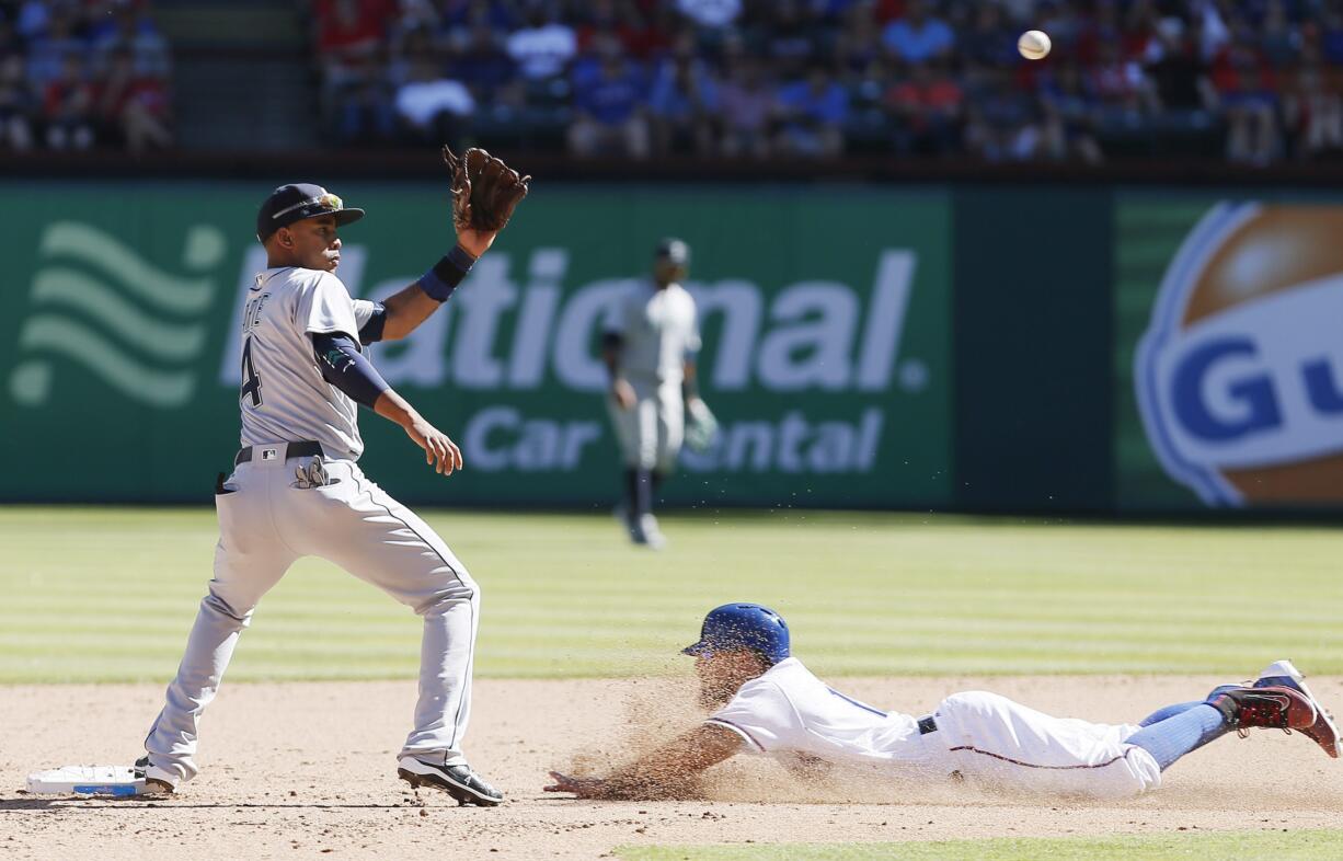 Texas Rangers&#039; Rougned Odor, right, steals second base as Seattle Mariners shortstop Ketel Marte (4) awaits the throw from home during the fifth inning of a baseball game, Monday, April 4, 2016, in Arlington, Texas.