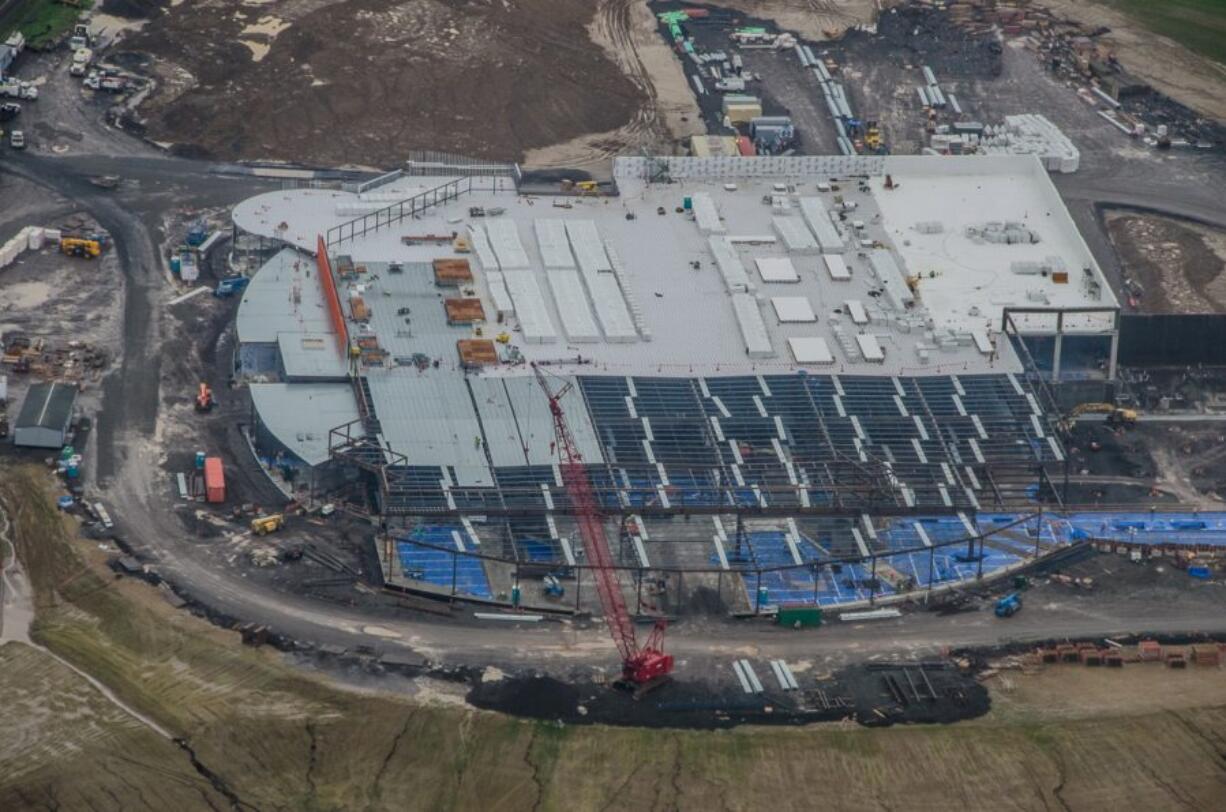 An aerial view of the Cowlitz Tribe’s $510 million casino project under construction along the west side of Interstate 5 at Exit 16. Tribal leaders say they hope most jobs at the casino will go to tribal members and Southwest Washington residents.