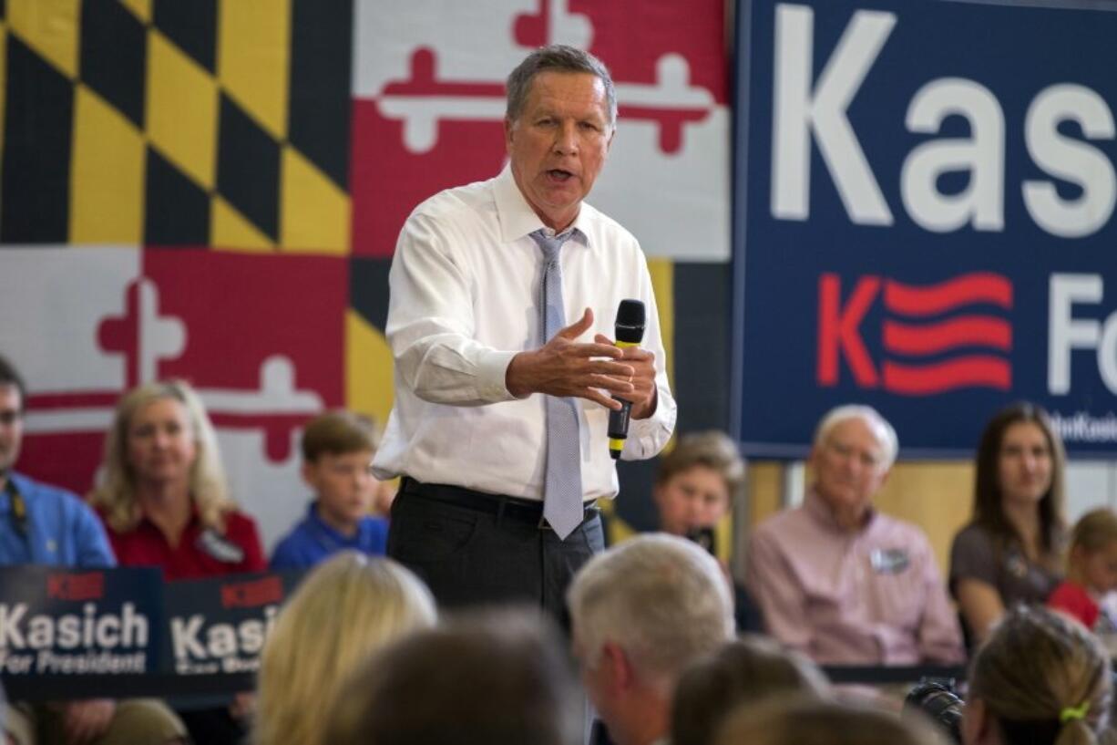 Republican presidential candidate Ohio Gov. John Kasich, speaks during a town hall at Thomas Farms Community Center in Rockville, Md. Texas Sen. Ted Cruz and Kasich are having a tough time attracting establishment Republican donors even as they intensify their efforts to derail the nomination of billionaire Donald Trump.