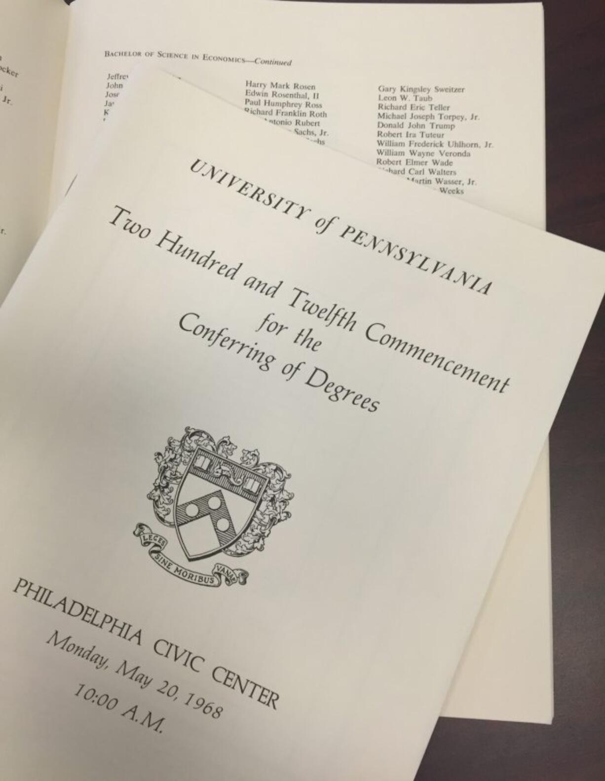 The program for the May, 20, 1968 graduation at the University of Pennsylvania, with Donald Trump&#039;s name listed among students receiving a bachelor of science degree in economics from the Wharton School. (AP Photo/Beth J.