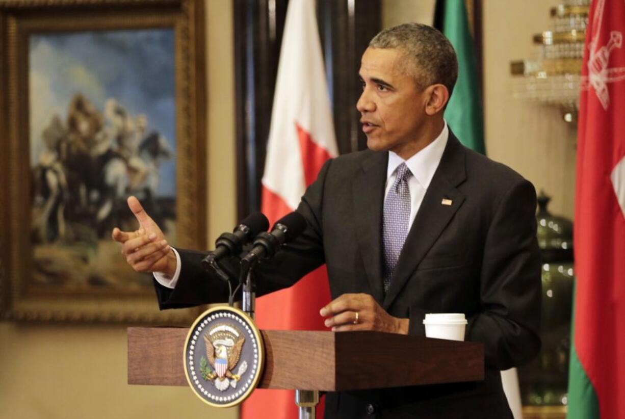 U.S. President Barack Obama gestures during a press conference in Riyadh, Saudi Arabia, on Thursday. Obama met with Saudi King Salman and attended a meeting of Gulf Arab heads of state of the six Gulf Cooperation Council countries during his two-day visit to the kingdom.