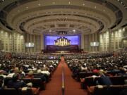 People attend opening session of the two-day Mormon church conference Saturday, April 2, 2016, in Salt Lake City. Mormon leaders are set to deliver guidance to their worldwide membership in a series of speeches this weekend during the religion&#039;s semiannual conference in Salt Lake City. The first session kicks off Saturday morning at a 21,000-seat conference center near the church&#039;s headquarters.