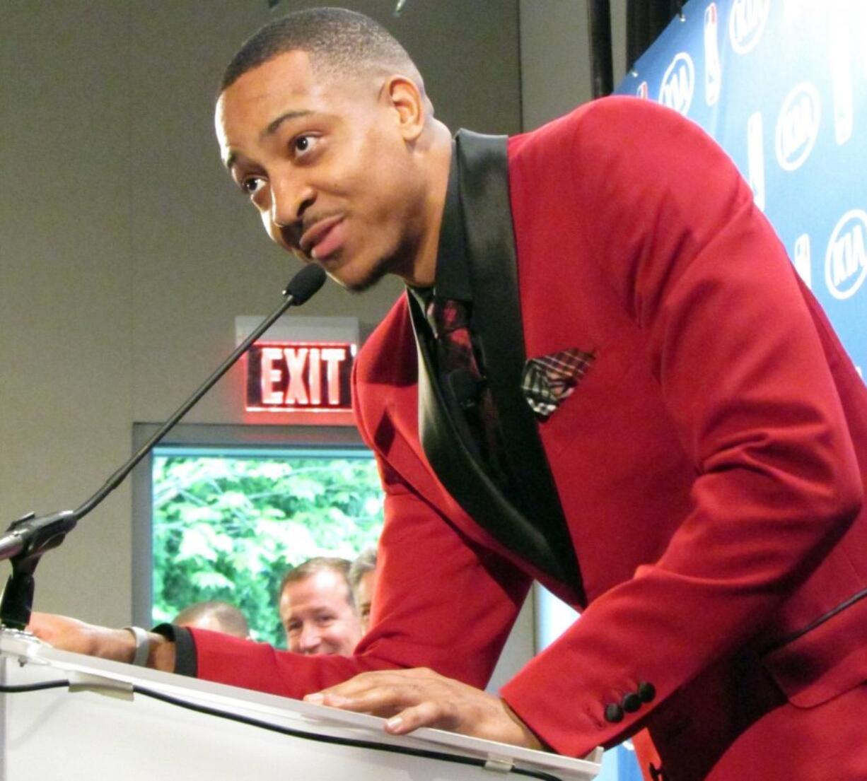 Portland Trail Blazers guard CJ McCollum speaks during an NBA basketball news conference in Portland, Ore., Friday, April 22, 2016, where he was named the league?s Most Improved Player for the 2015-16 season. (AP Photo/Anne M.