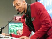 Portland Trail Blazers guard CJ McCollum speaks during an NBA basketball news conference in Portland, Ore., Friday, April 22, 2016, where he was named the league?s Most Improved Player for the 2015-16 season. (AP Photo/Anne M.
