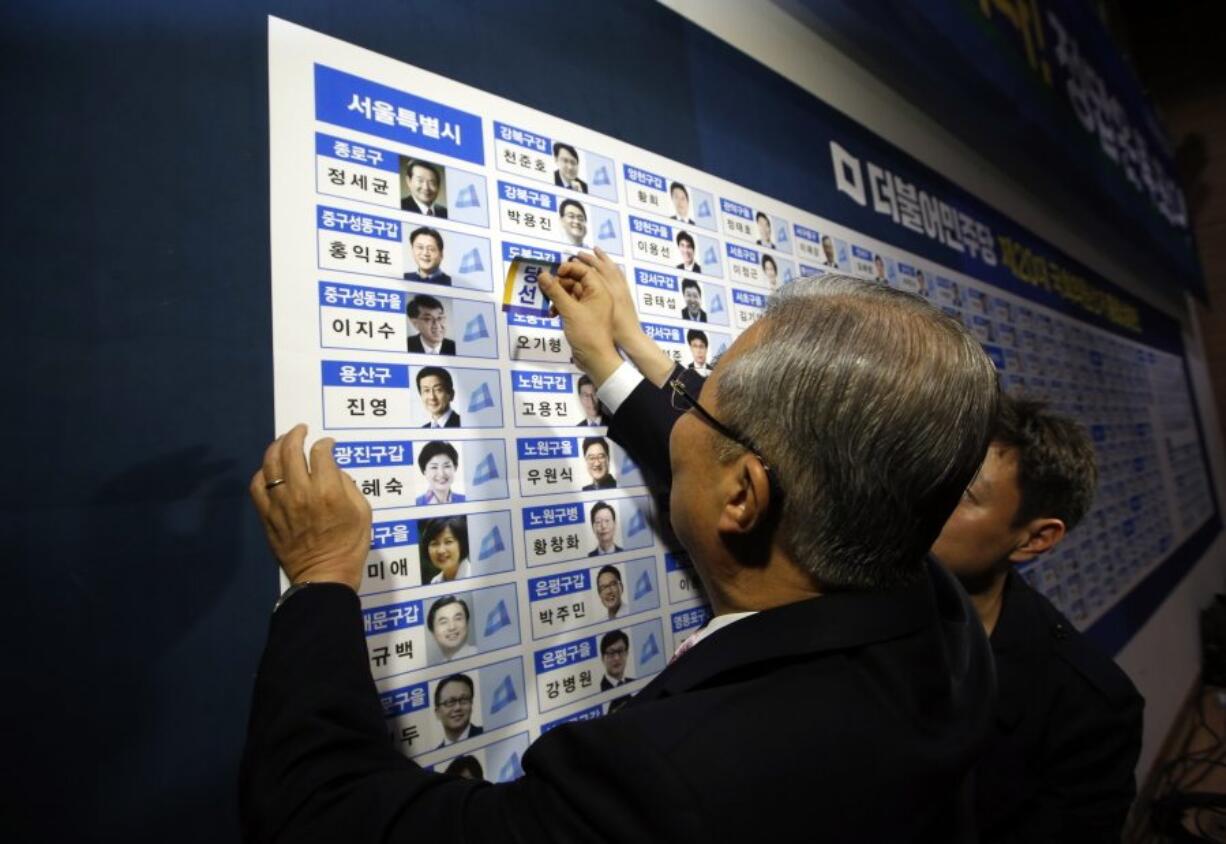 Kim Chong In, a chairman of the main opposition party, the Minjoo Party of Korea, places a sticker on one of the party&#039;s winning candidates&#039; photos Wednesday during parliamentary elections in Seoul, South Korea.