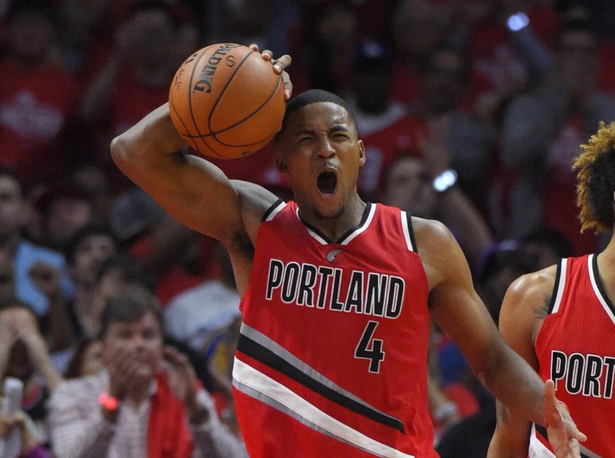 Portland Trail Blazers forward Maurice Harkless reacts after being called for a foul during the second half in Game 5 of a first-round NBA basketball playoff series against the Los Angeles Clippers, Wednesday, April 27, 2016, in Los Angeles. The Trail Blazers won 108-98. (AP Photo/Mark J.