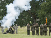 Washington National Guard soldiers with 2nd Battalion, 146th Field Artillery Regiment fire a 75 mm howitzer during the 2015 Memorial Day ceremony at Fort Vancouver. The howitzer will be fired as part of Monday&#039;s ceremony on the Parade Ground.