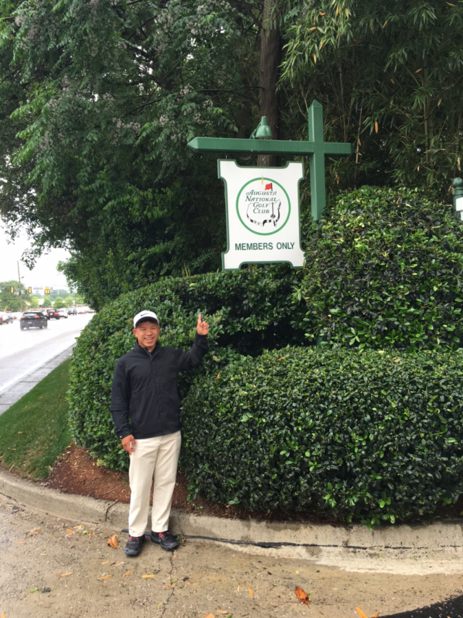 Zach Peros, a Skyview High School golfer, visiting the entrance to Augusta National, home of The Masters.