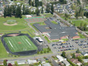 An aerial view of Washougal High School. Excelsior High School, just beyond Washougal High and the tennis courts, is being replaced as part of a $4.8 million project.