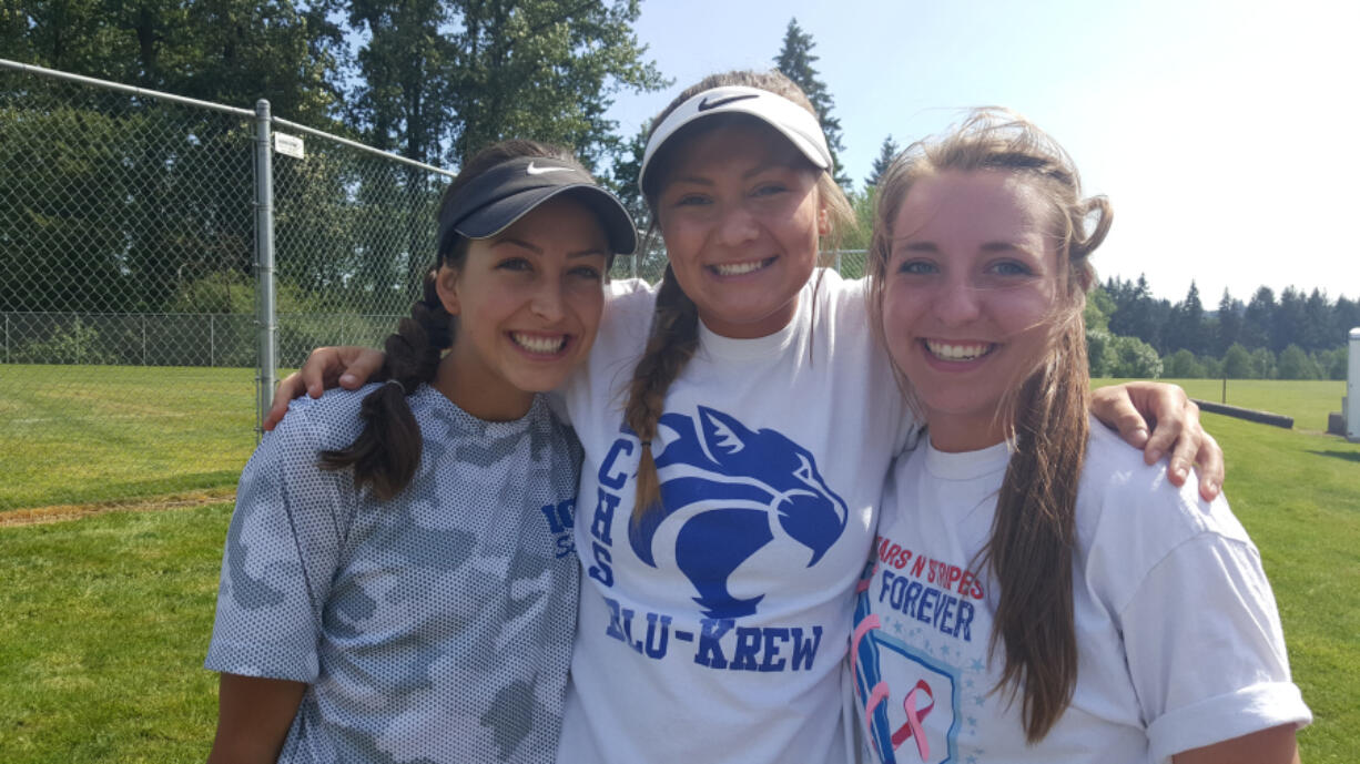 La Center softball players, from left, Alicen Smith, Kayla Aguirre and Jessi Weaver.