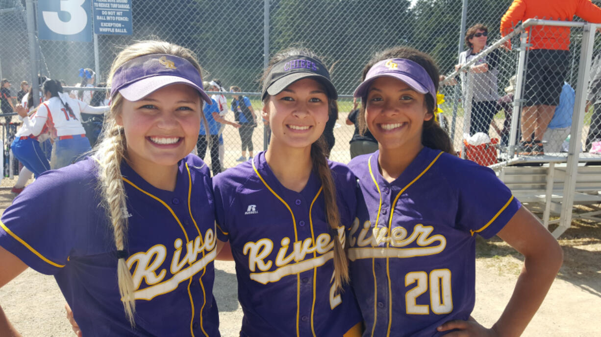 From left, Columbia River softball players Jadyn Schofield, Isabelle Parking and Gabby Collins after the Chieftains qualified for the 3A state tournament Friday at Sprinker Recreations Center in Spanaway.