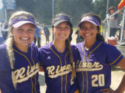 From left, Columbia River softball players Jadyn Schofield, Isabelle Parking and Gabby Collins after the Chieftains qualified for the 3A state tournament Friday at Sprinker Recreations Center in Spanaway.