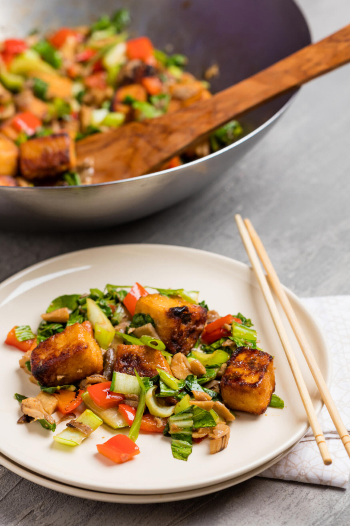 Stir-Fried Tofu With Mushrooms, Red Pepper and Bok Choy (Goran Kosanovic for The Washington Post)