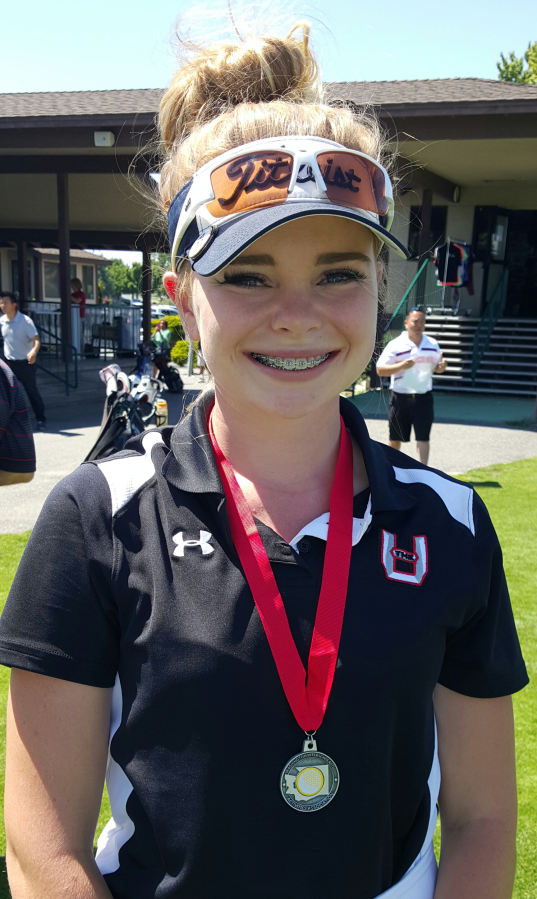 Union golfer Taylor Hartley finished tied for second at the 4A girls state golf championship Wednesday in Pasco.