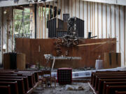 Damage from the fire is seen in the sanctuary First Congregational United Church of Christ on Thursday morning, May 26, 2016.