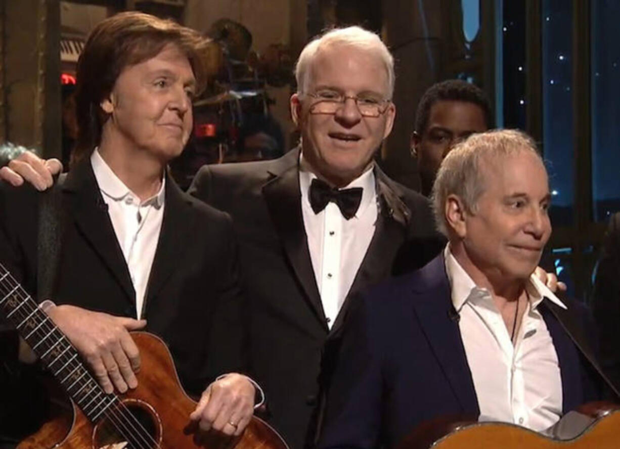 Paul McCartney, from left, Steve Martin and Paul Simon appear on the 40th anniversary special of "Saturday Night Live" in February 2015.