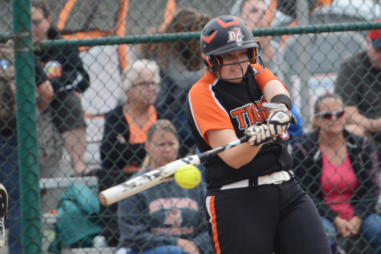 Battle Ground&#039;s Danielle Joli connects with a Skyview pitch during the Tigers&#039; 4-0 win over the Storm in the 4A district championship softball game. Battle Ground will host Redmond in a bi-district playoff game on Friday or Saturday.