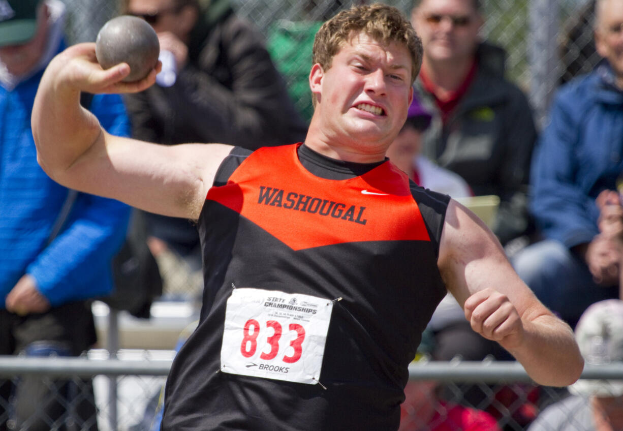 Washougal's Joshua Bischoff competes in 2A Boys Shot Put event at the State Track and Field Championships on May 27, 2016, in Tacoma, Wash..