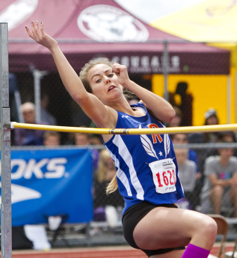 Ridgefield's Chloe Lindbo attempts to clear 5' during   the 2A Girls High Jump event at the State Track and Field Championships on May 27, 2016, in Tacoma, Wash. Lindbo couldn't clear the height in 3 attempts.