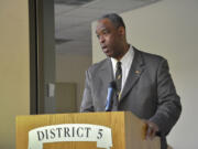 John Batiste, chief of the Washington State Patrol, presented awards Monday night to district volunteers, staff members and troopers on behalf of the regional state patrol.