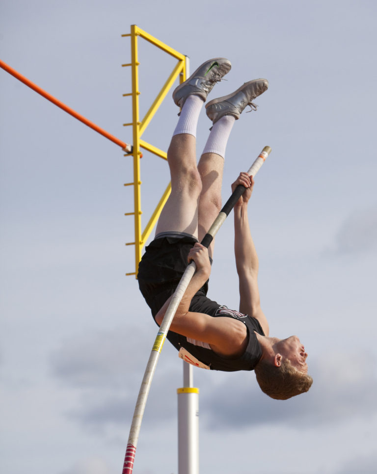 Union's Trevor Bushman heads straight up in an attempt to clear 13'6" during the 4A Boys Pole Vault event at the State Track and Field Championships on May 27, 2016, in Tacoma, Wash.