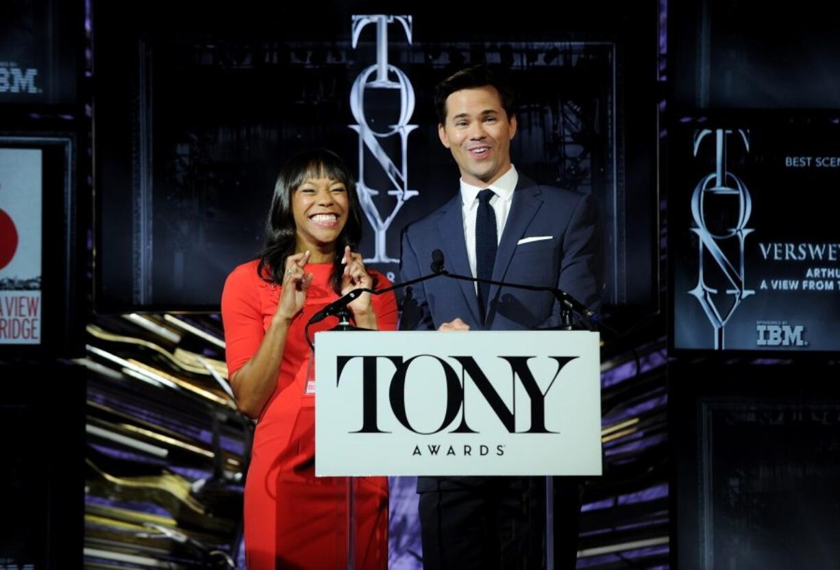 Actor Nikki M. James, left, and Andrew Rannells announce the Tony Nominations at the 70th Annual Tony Award nominations announcement ceremony at the Paramount Hotel on Tuesday in New York.