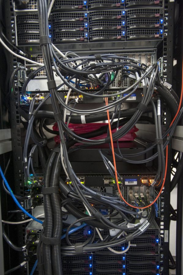 Wires and cables are seen in a server room in Vancouver Friday April 29, 2016.