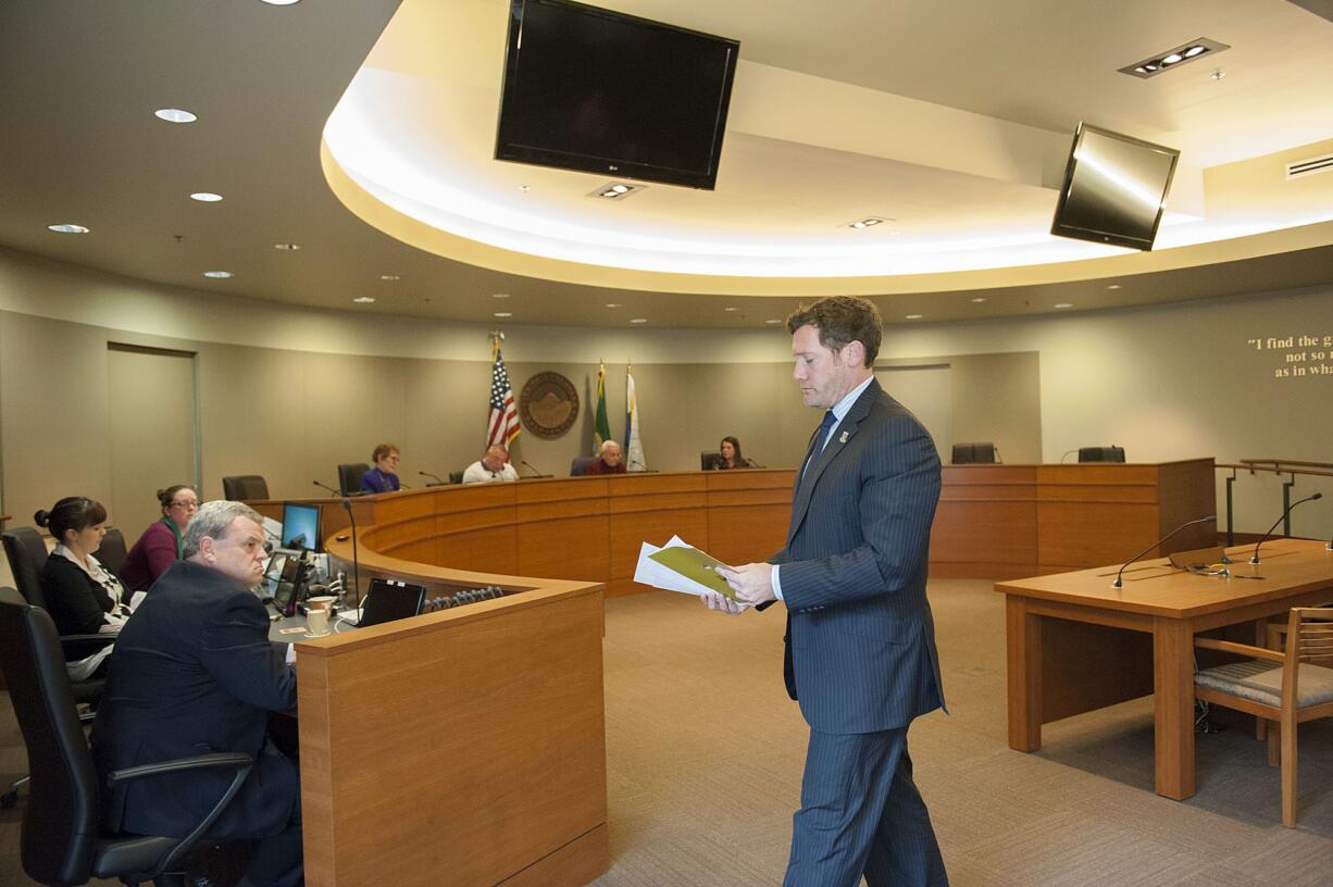 Vancouver Mayor Tim Leavitt concludes his appearance before members of the Salary Review Commission on April 15. One of the organizers of a petition calling for big pay increases for the mayor and city council to be retracted says the drive is off to a great start.