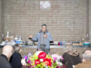 Salah Ansary, director of the Vancouver office of Lutheran Community Services Northwest, speaks Sunday during the Unity Sunday event at Leroy Haagen Memorial Park in Vancouver. The event brought different minority groups together for a potluck and speeches about the importance of unity.