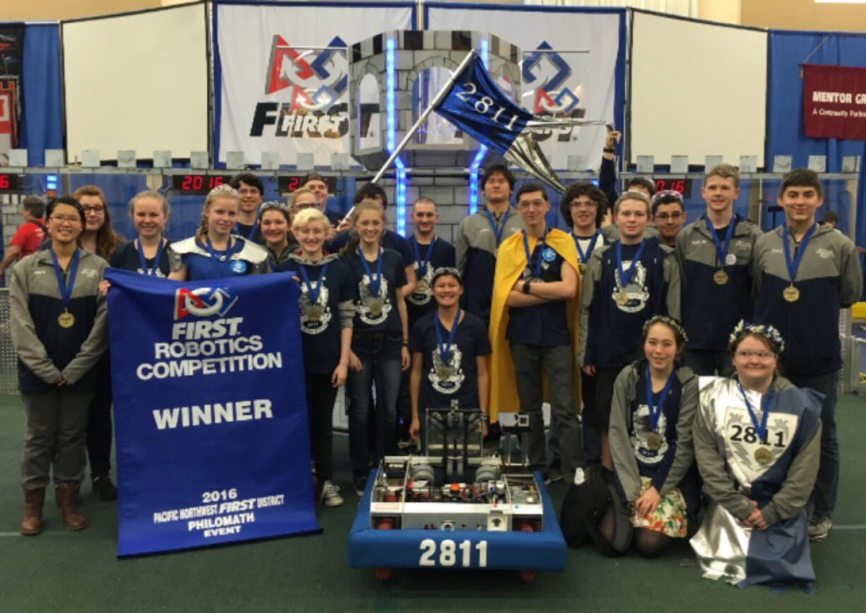 North Salmon Creek: Team members of the Skyview Stormbots celebrate their win at the FRC Robotics Competition.