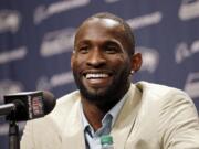 Seattle Seahawks' Ricardo Lockette speaks at a news conference while announcing his retirement at the team's football training facility, Thursday, May 12, 2016, in Renton, Wash. Lockette is retiring six months after suffering a serious neck injury in a game at Dallas.