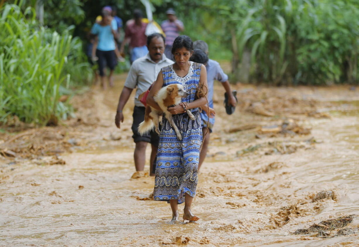 A Sri Lankan landslide survivor caries her dog as she walks on the mud after a landslide in Elangipitiya village in Aranayaka about 72 kilometers (45 miles) north east of Colombo, Sri Lanka, on Wednesday. Soldiers and police used sticks and bare hands Wednesday to dig through enormous piles of mud covering houses in three villages hit by massive landslides in central Sri Lanka, with hundreds of families reported missing.