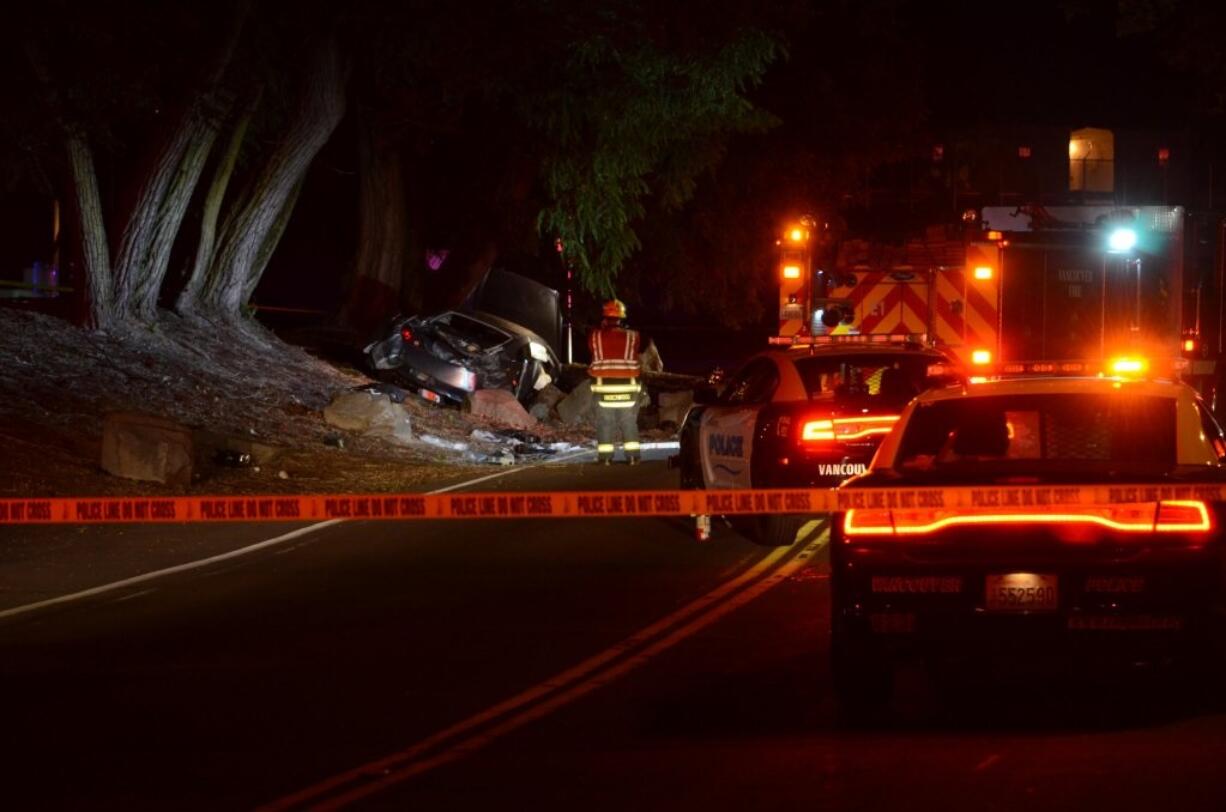 Emergency crews respond to a single-vehicle crash along Southeast Columbia Way near Joe's Crab Shack tonight. Four people were injured, according to police.