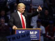 Republican presidential candidate Donald Trump gestures Wednesday during a campaign stop in Indianapolis.