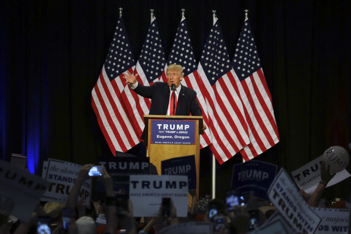 Republican presidential candidate Donald Trump speaks during a rally in Eugene, Ore., Friday, May 6, 2016. (AP Photo/Ted S.