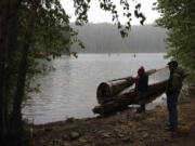 Goose Lake, on Monday, had a couple of large logs blocking the boat ramp.