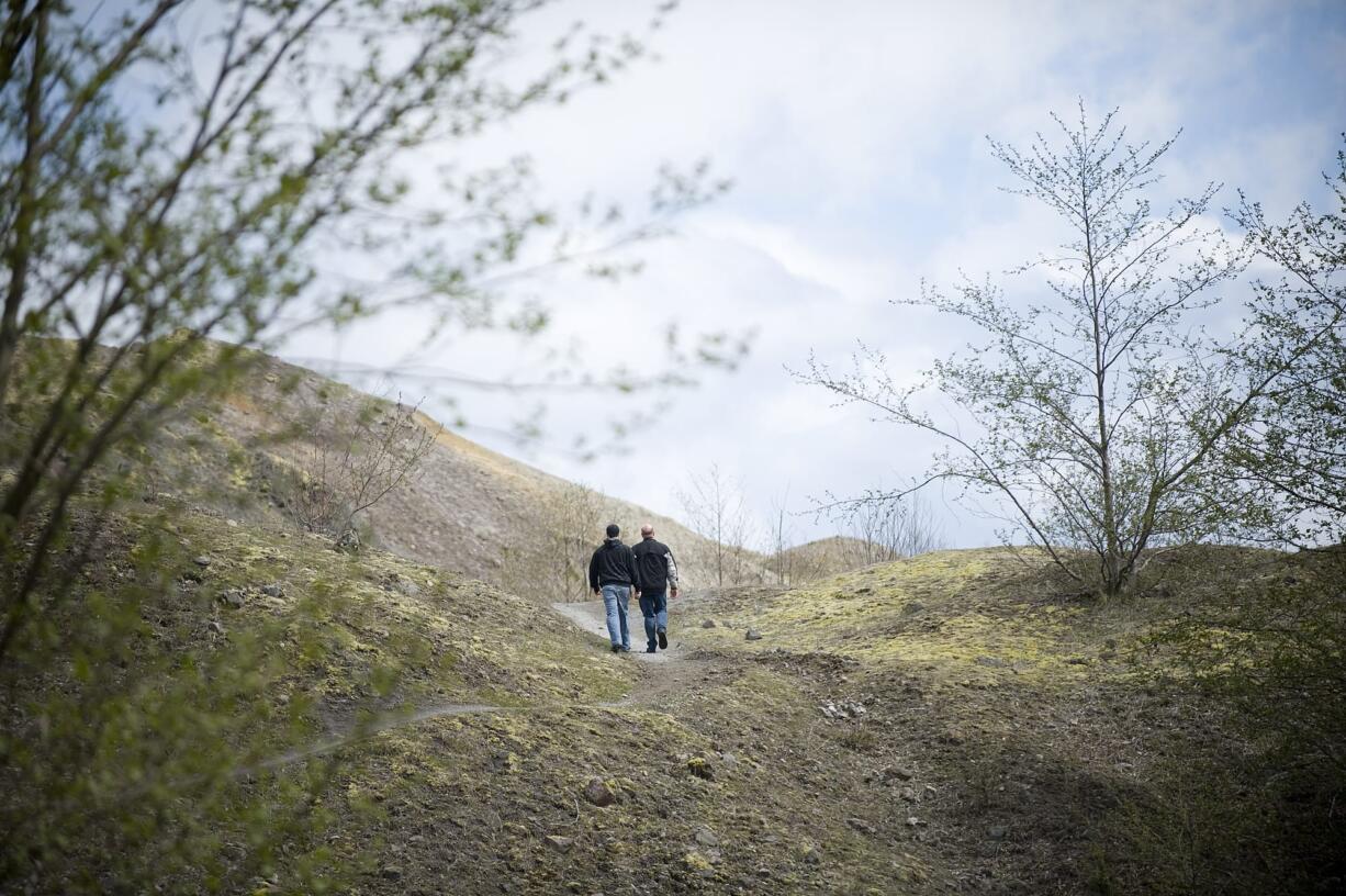 Hikers walk Hummocks trail No. 229 near Coldwater Lake on the north side of Mount St. Helens.