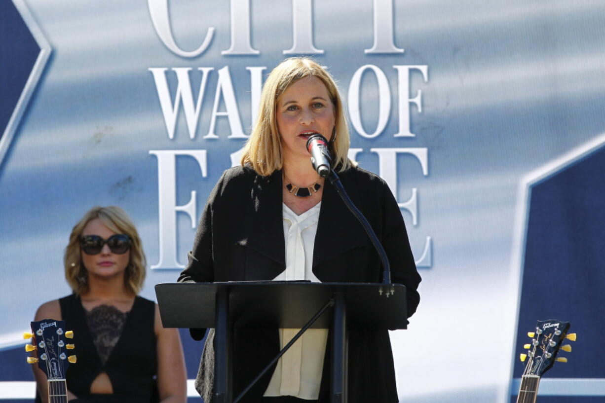 Nashville Mayor Megan Barry addresses the crowd at Music City Walk of Fame Induction Ceremony at Walk of Fame Park in Nashville, Tenn.