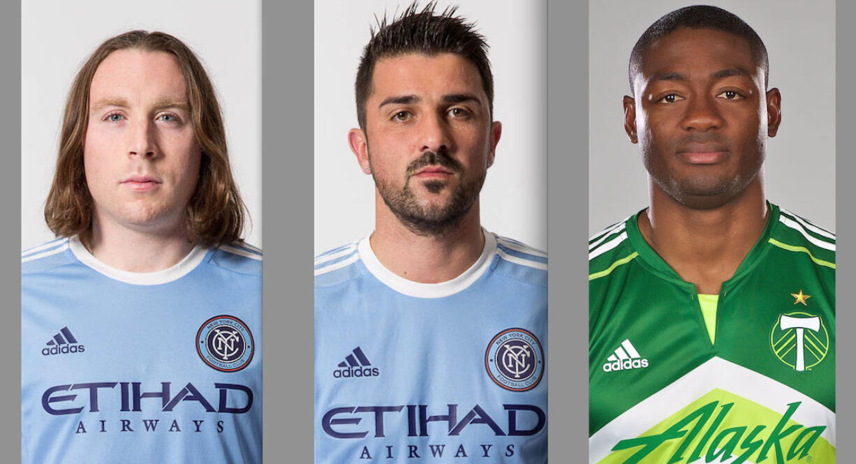 New York City FC's Thomas McNamara (left) and David Villa (center), and Portland Timbers' Fanendo Adi (right) scored goals in Sunday's MLS match at Portland.