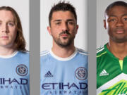 New York City FC's Thomas McNamara (left) and David Villa (center), and Portland Timbers' Fanendo Adi (right) scored goals in Sunday's MLS match at Portland.