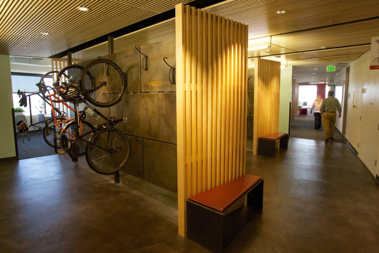 This photo taken April 24, 2016, shows the New Relic offices in Portland, Ore. New Relic lobbied hard to become the first business in the U.S. Bank tower to bring their bicycles to their office space.  New Relic is an extremely well funded San Francisco startup that's made the unusual decision to put its engineering team in Portland.  Their office is on the 28th floor of the U.S. Bank tower.