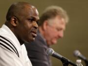 After being announced as the Indiana Pacers' new head coach by Larry Bird, president of basketball operations, Nate McMillan speaks during a news conference Monday, May 16, 2016, in Indianapolis.