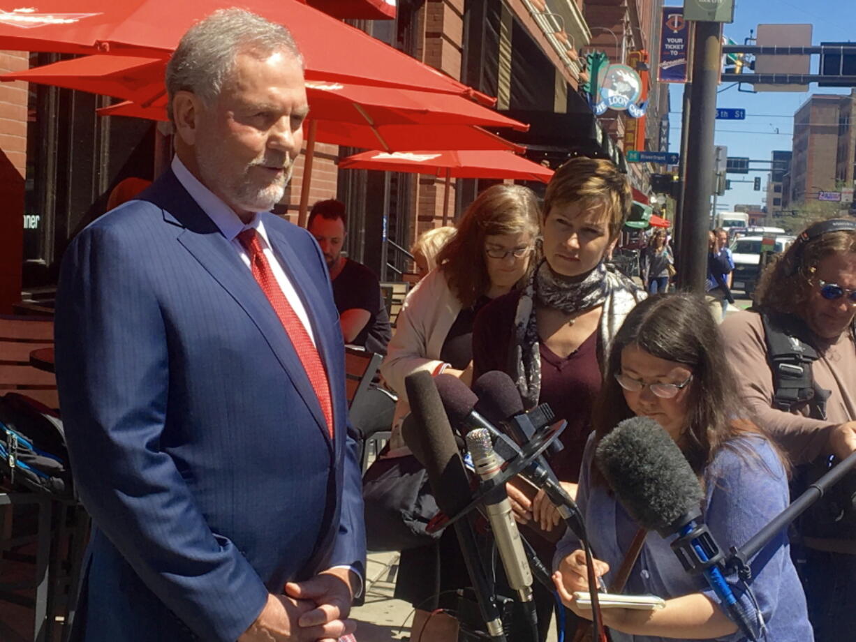 Attorney William Mauzy answers questions from the media as he arrives at his Minneapolis office Wednesday. A published report says Prince&#039;s representatives arranged for the musician to meet a California doctor to help him kick an addiction to painkillers shortly before his death. Mauzy represents California Dr. Howard Kornfeld who couldn&#039;t immediately meet Prince so he sent his son Andrew to discuss treatment. The pop rock singer died on April 21 at the age of 57.