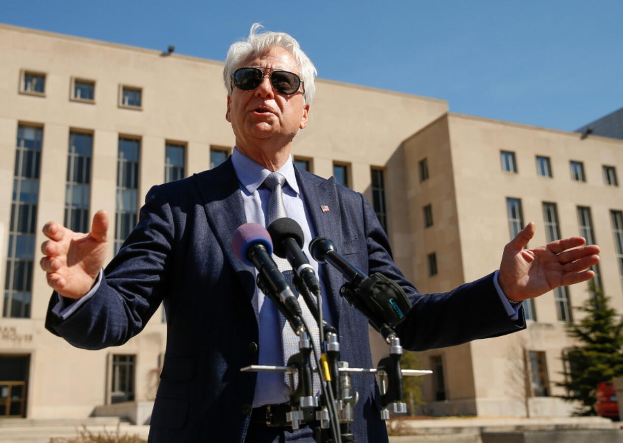 Freedom Watch attorney Larry Klayman speaks to reporters outside the Barrett Prettyman Federal Courthouse in Washington. Klayman says he&#039;ll file a lawsuit Tuesday alleging that Cliven Bundy&#039;s constitutional rights are being violated, and the 70-year-old cattleman should be released from federal custody.